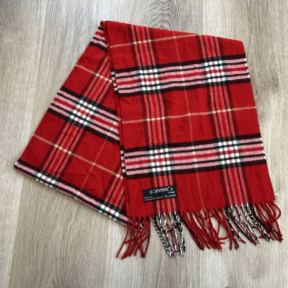 Cashmink Winter Scarf Classic Red Plaid V Fraas 100% Acrylic Germany 65" x 11.5"